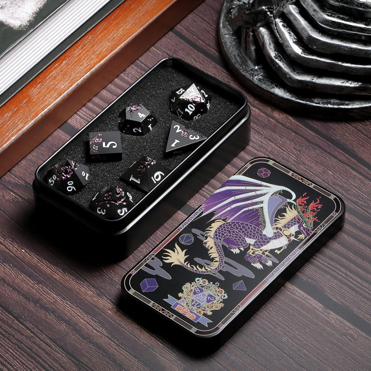 Glitter Purple Metal D&D Dice, DNDND 7 PCS Flower Metallic DND Dice Set with Gorgeous Gift Case for Dungeons and Dragon Tabletop Game (Matte Black with Glitter Purple Flower)