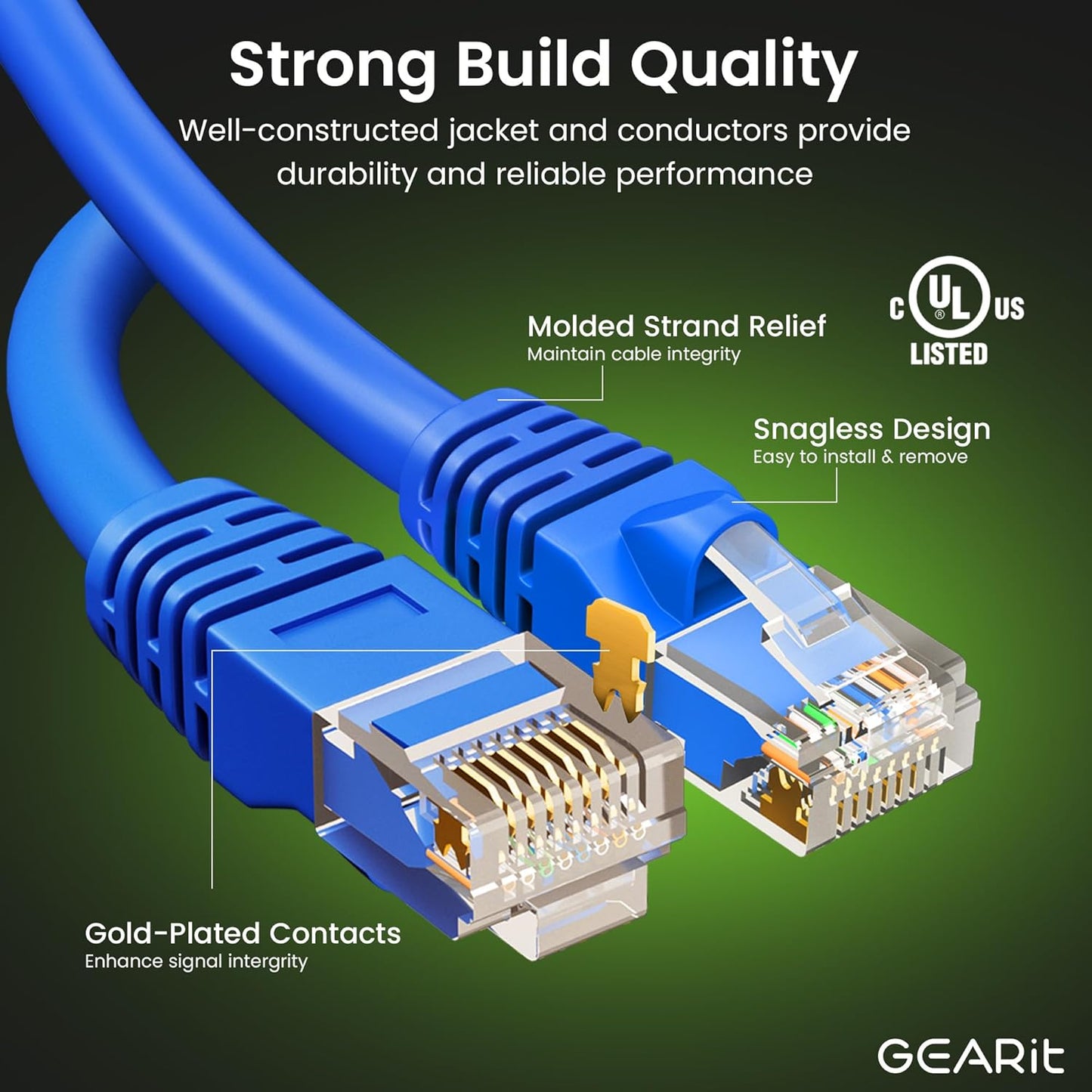 GearIT Cat 6 Ethernet Cable Pack - 10-Pack 25 ft Cat6 Ethernet Patch Cables | RJ45 Network Patch Cable, 10 Gbps Snagless Gold-Plated Connectors - Ethernet Cable Cat 6 for PC, TV, Router - Blue