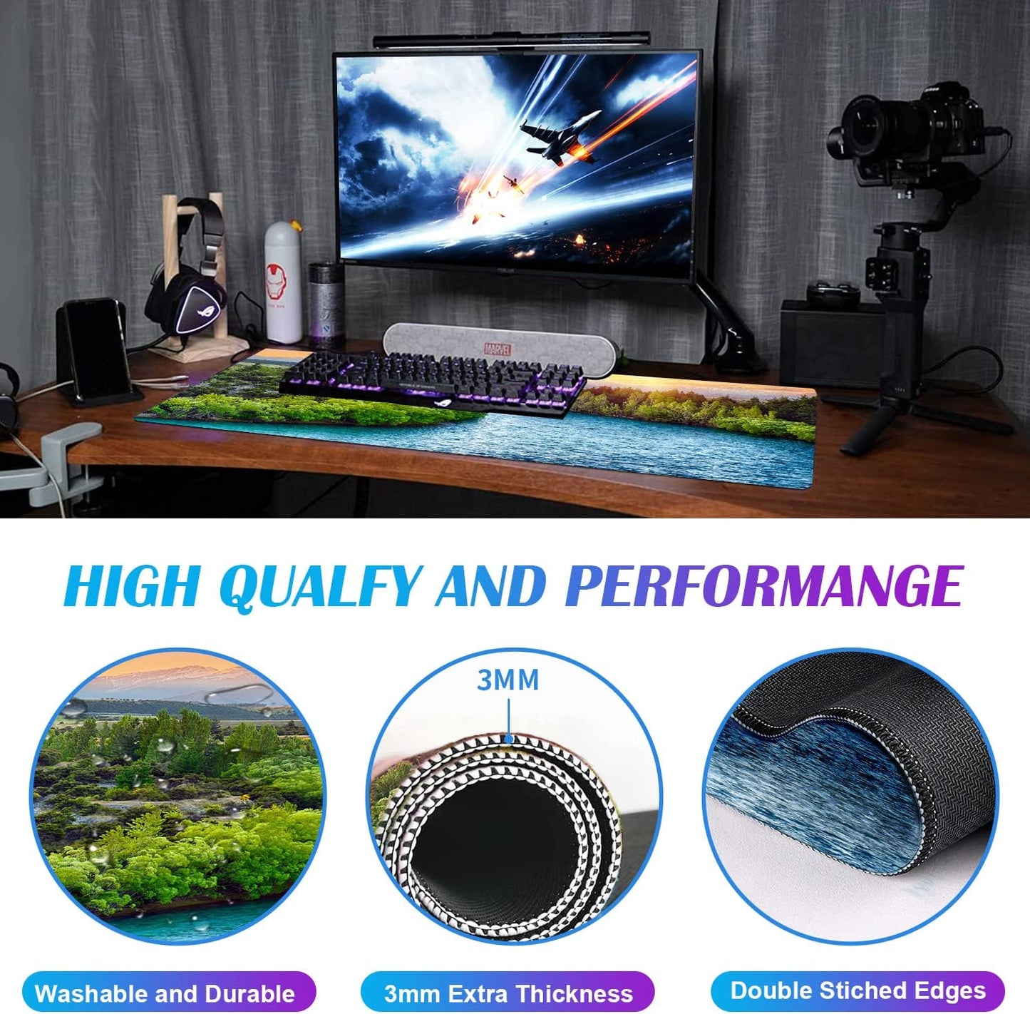 Large Extended Gaming Mouse Pad with Stitched Edges, Non-Slip Waterproof Rubber Base Mouse Pad for Office, Computer, Keyboard, Laptop and Home Desk Pad 35.4 x 15.7 x 0.12 Inch (Sunset Forest)