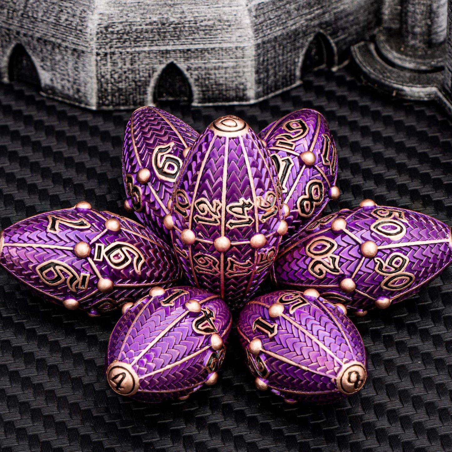 ARUOHHA DND Metal Dice Copper Purple Dragon Egg Dice with Rotating Dragon Egg Shell, Role Playing Game RPG Polyhedral D and D Dice Set D20 D12 D10 D8 D6 D4