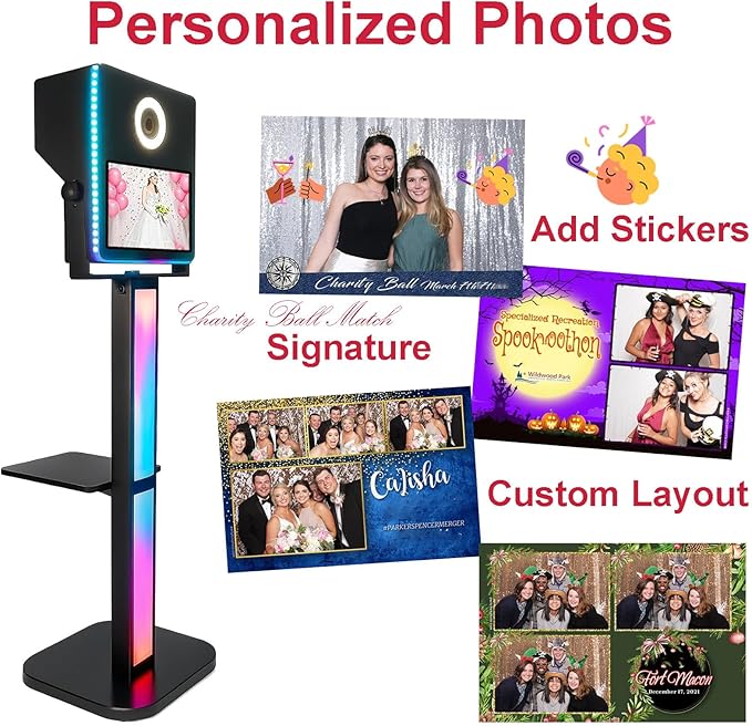 Photo Booth with Printer, Portable Selfie Photobooth Machine 15.6-in Mirror Touch Screen for Events Wedding Birthday School Party Rental RGB Lights Stand (Black Color+ Printer No Camera)
