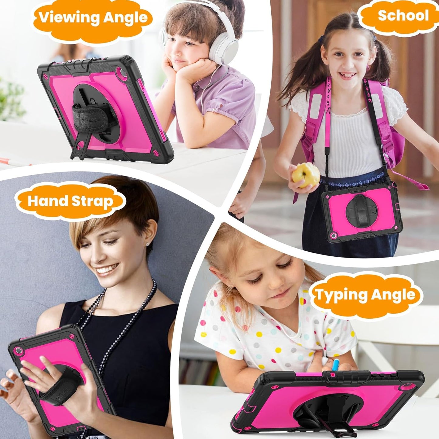 SEYMAC stock Case for Samsung Galaxy Tab A8 10.5'', Full-Body Drop Protection Case with Screen Protector Pencil Holder [360° Rotating Hand Strap] &Stand, Pink+Black