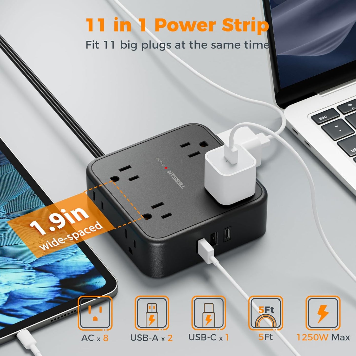 TESSAN Surge Protector Flat Plug Power Strip, Black Extension Cord, 8 AC Outlets, 3 USB Charger(1 USB C Port) 3 Side Outlet Extender, 5 Ft, 900 Joules Protection, Office Supplies, Dorm Essentials