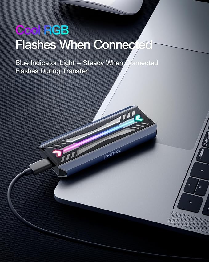 Inateck M.2 NVMe SATA SSD Enclosure with RGB,USB 3.2 Gen 2 (10 Gbps) Enclosure Support UASP Trim for NVME/SATA SSDs 2242/2260/2280(M Key), Tool-Free Installation(Up to 4TB)，FE2024