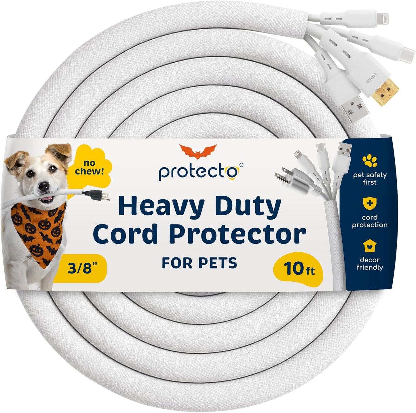 PROTECTO Heavy Duty Dog & Cat Cord Protector 10ft Easy-to-Use Critter Cord Cover for Pet Clear Odorless White Color Cord Protectors from Pets No Chew Solution Power Audio & Video Wire Protector Tubing