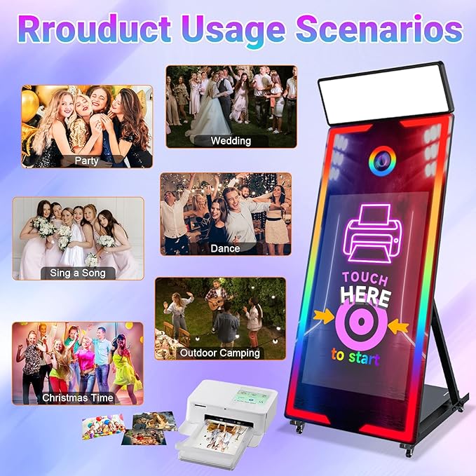 Magic Mirror Photo Booth 65’’ with Camera and Printer, Portable 43“ Touch Screen Mirror Photo Booth with APP Control, Professional Photography Fill Light for Wedding Event Party Rental (White, 65-43")