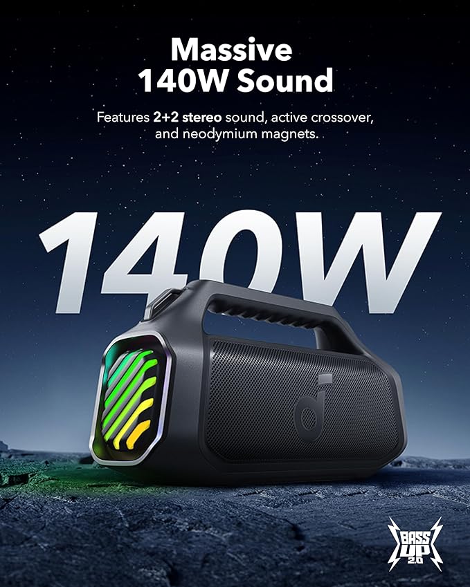 Soundcore Boom 2 Plus Portable Speaker by Anker, 140W, 2+2 Channel, BassUp 2.0, 20H Playtime, Fast Charge, IPX7 Waterproof, RGB Lights, Power Bank, Bluetooth 5.3, Outdoor Speakers, Camping, Beach