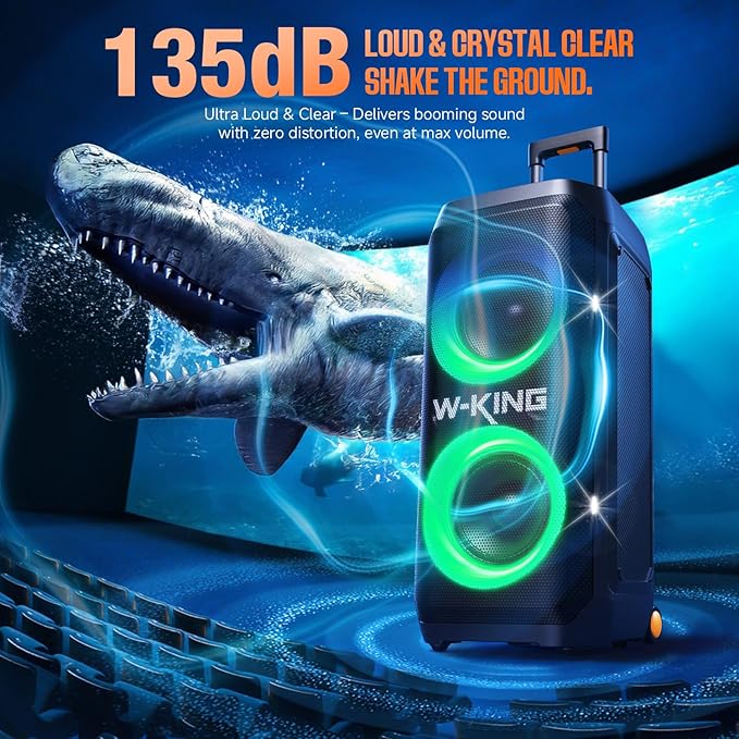 W-KING Portable Speaker Bluetooth Partybox, 370W MAX Pro Sound Loud, Deepest Bass,Large Outdoor Boom Box Wireless, CSB, Telescopic Handle&Sturdy Wheels, 25H, Futuristic Light,MIC&Guitar in