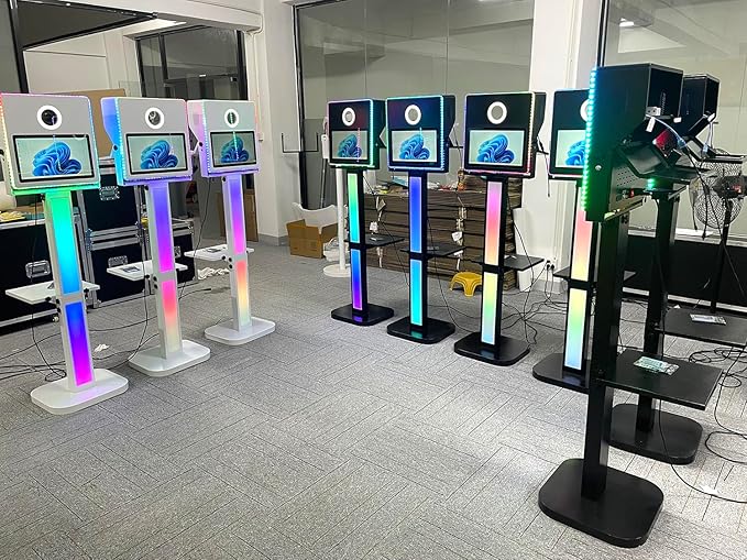 Photo Booth with Printer, Portable Selfie Photobooth Machine 15.6-in Mirror Touch Screen for Events Wedding Birthday School Party Rental RGB Lights Stand (Black Color+ Printer No Camera)