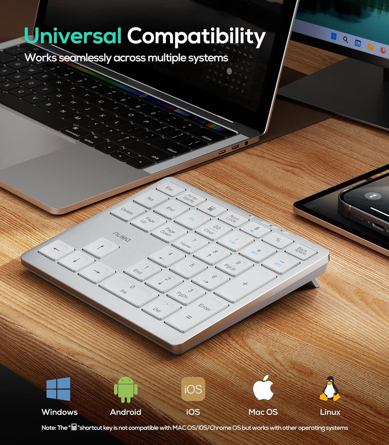 Nulea Wireless Number Pad Bluetooth 5.0 & 2.4G Portable Numeric Keyboard, USB-C Rechargeable, 34-Keys Bluetooth Keyboard for Data Entry (Silvery White)