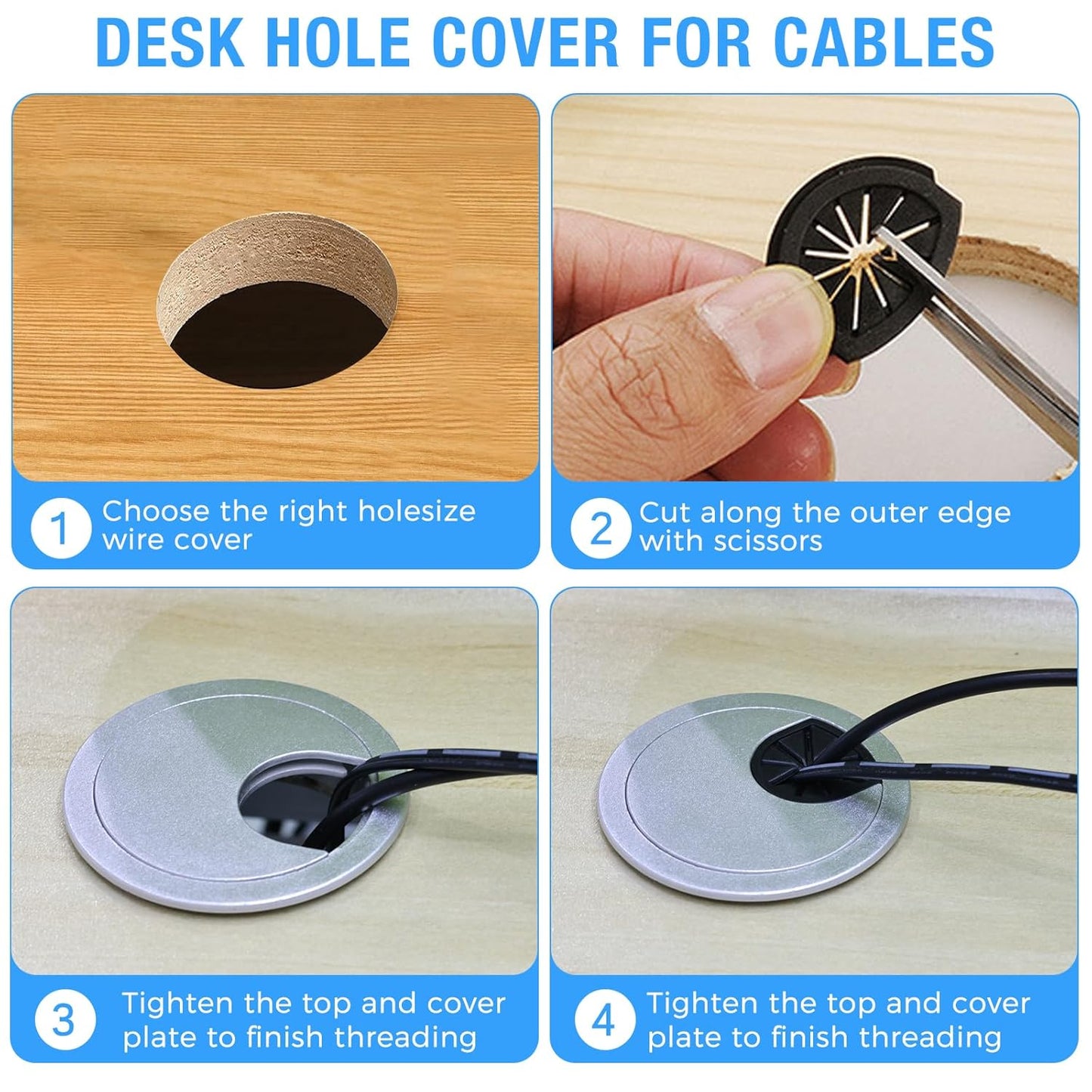 Desk Grommet 3-1/8" (80 mm), Desk Cord Hole Cover, Cable Grommet ABS Plastic, Desk Hole Grommet for Office and Home Table Cable, Detachable Cable Cord Organizer (Silver Sand 4 Pcs)