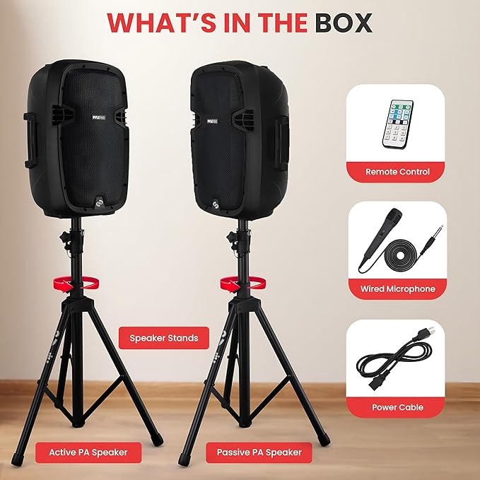 Pyle Wireless Portable PA system - 1000W High Powered Bluetooth Compatible Active + Passive Pair Outdoor Sound Speakers w/ USB SD MP3 AUX - 35mm Mount, 2 Stand, Microphone, Remote - Pyle PPHP1049KT