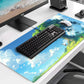 Simple and Cute Anime Landscape Computer Mouse Pad, Large Green Plant Outdoor Landscape Office Desk Pad, 35.4 x 15.7 x 0.12 Inch Sewn Edge Non Slip Rubber Base Mouse Pad