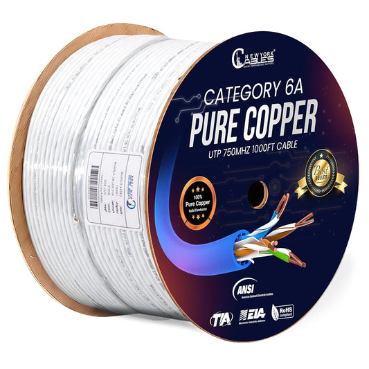 Newyork Cables | Cat6A Plenum (CMP) Cable 1000ft, 750MHz, PoE++ (4PPoE) | 100% Solid Bare Copper 10GB High Speed Ethernet Cable | 23AWG 4 Pair (UTP) Solid Conductors Available in 7 Colors (White)