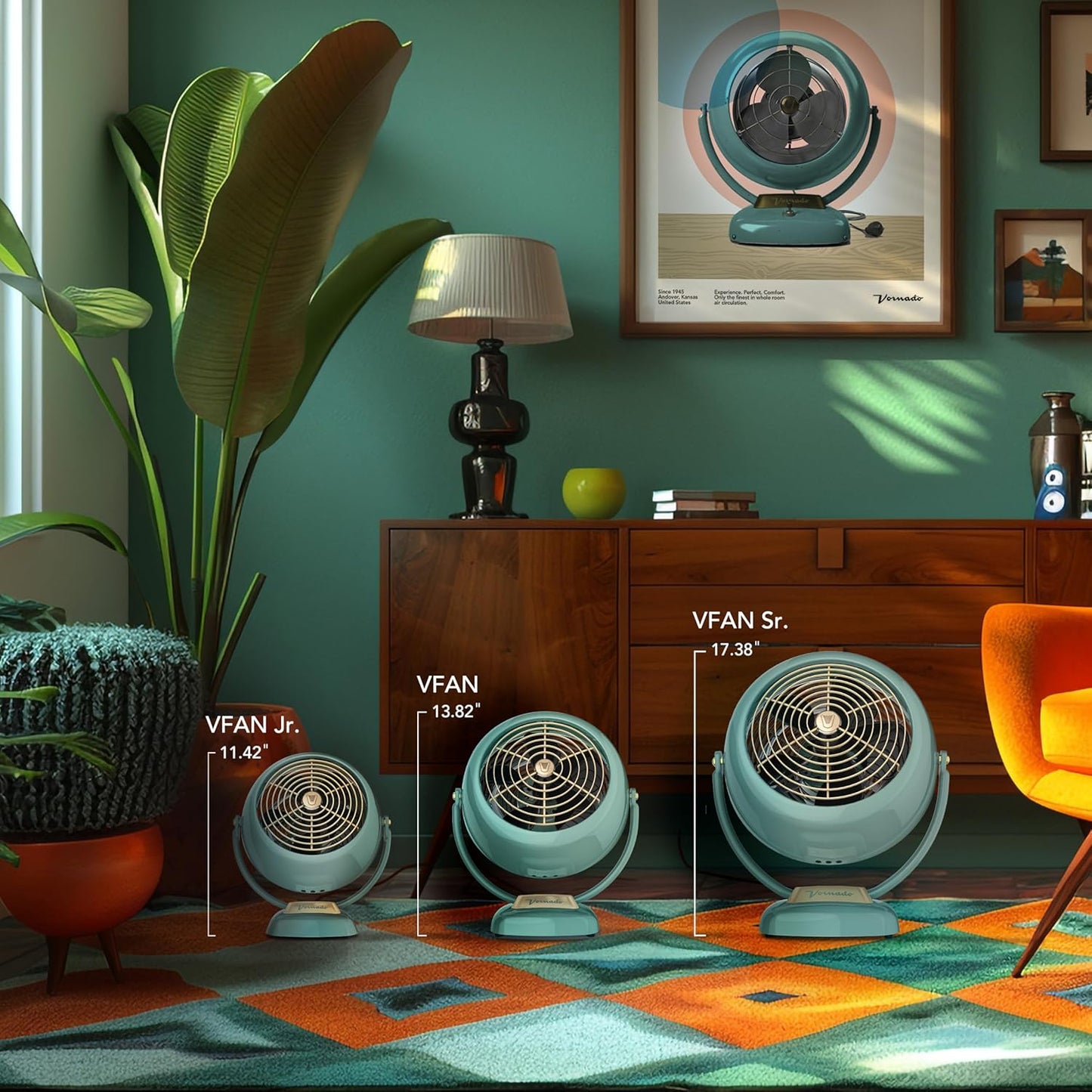 Vornado VFAN™ Sr. Vintage Fan, Large Retro Metal Air Circulator for Cooling & Decor, 3 Speed Settings, Adjustable Tilt, Durable Construction, Powerful Cooling Airflow, Floor Fan for Home, Green