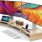 AMERIERGO Dual Monitor Stand Riser- 3 Shelf Screen Stand with Adjustable Length and Angle, 2 Extra Functional Slot Desktop Organizer Stand for PC, Computer, Laptop (Light Wood)
