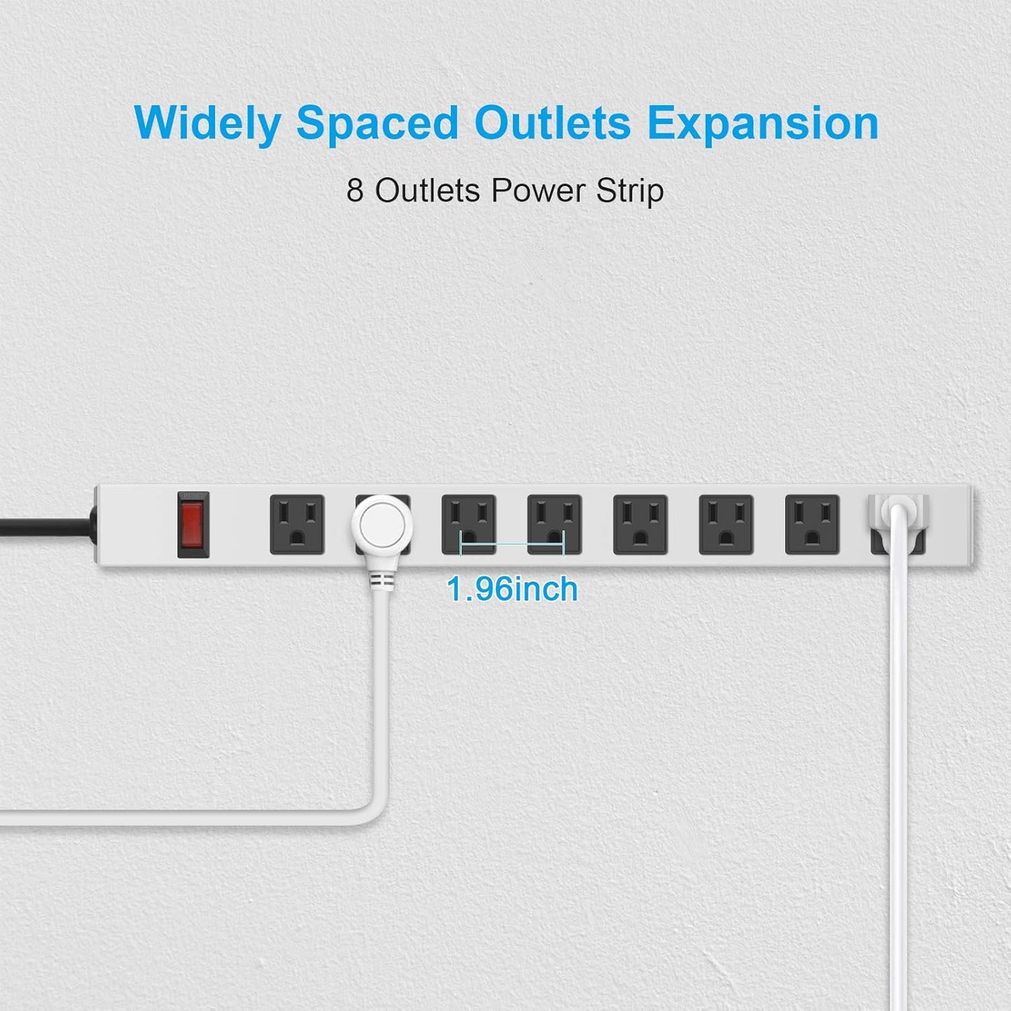 JUNNUJ Metal 8 Outlet Power Strip, Mountable Heavy Duty Power Strip, 1200J Surge Protector Wall Mount Screws Outlet with Switch, Gaming Desk Strips Wide Spaced 15A 125V 1875W, 10 FT 14AWG Power Cord