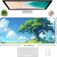 Simple and Cute Anime Landscape Computer Mouse Pad, Large Green Plant Outdoor Landscape Office Desk Pad, 35.4 x 15.7 x 0.12 Inch Sewn Edge Non Slip Rubber Base Mouse Pad