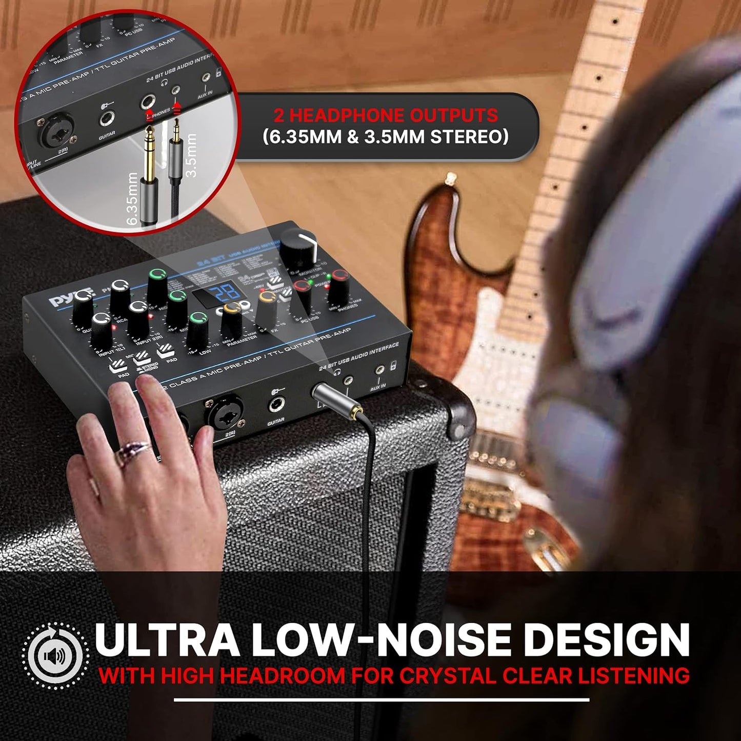 Pyle USB Audio Interface - MIC/LINE - Guitar - AUX Stereo & RCA Inputs - Preset 24 Digital Effects - Phantom Power - Phone/Stereo/Monitor/Headphone Outputs - For Computer Playing & Recording - PMUX9