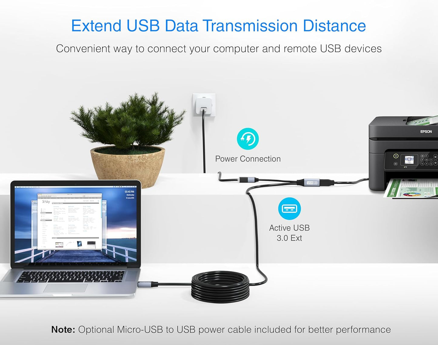 BlueRigger USB 3.0 Extension Cable (32FT, Active, 5 Gbps, in-Wall CL3 Rated, Type A Male to Female Cord) - Long USB Repeater Extender for VR Headset, Printer, Hard Drive, Keyboard, Mouse, Xbox