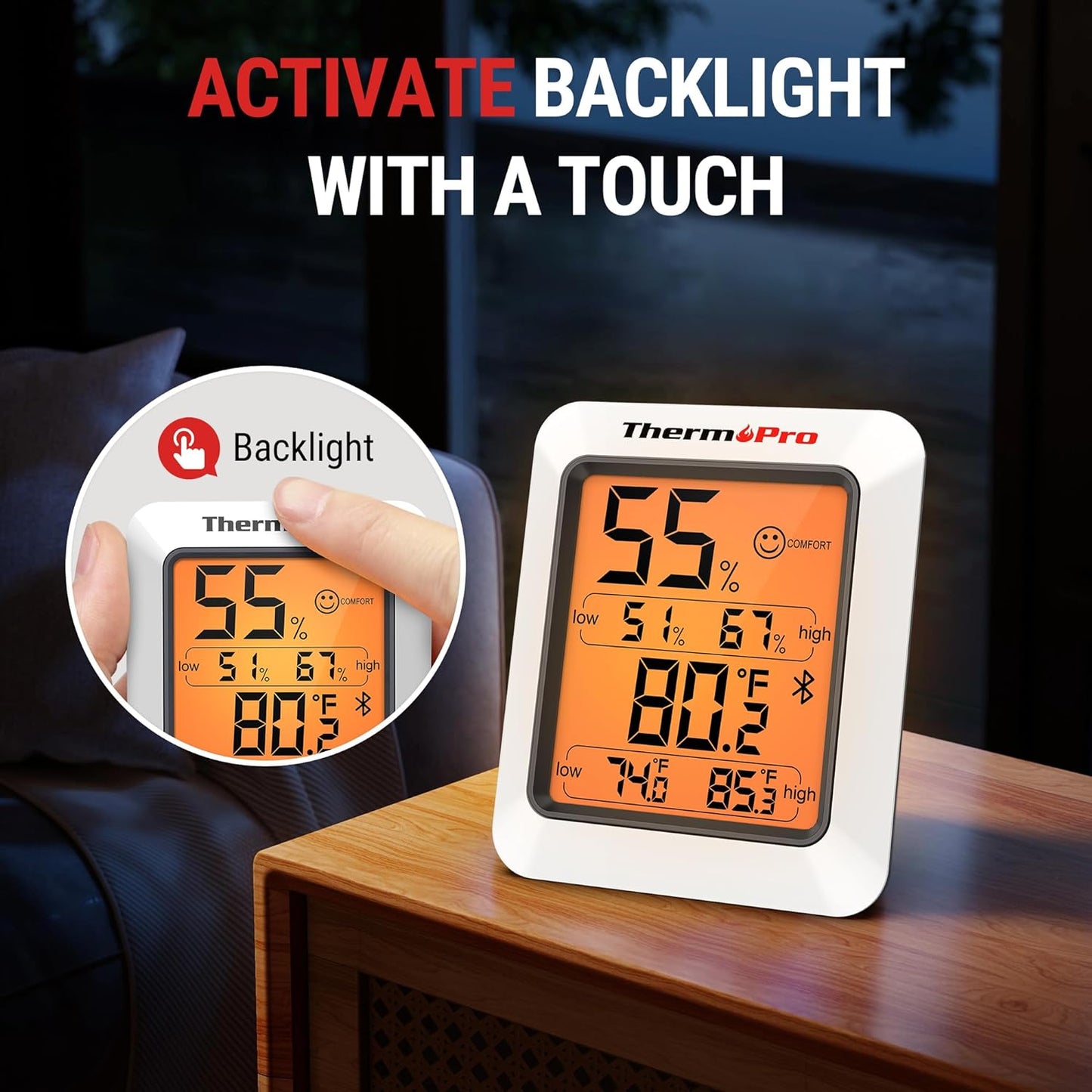 ThermoPro Hygrometer Thermometer for House TP350, Bluetooth Room Indoor Greenhouse Thermometer Monitor Up to 260FT, Backlit Humidity Meter Temperature Sensor with 2-Year Data Export