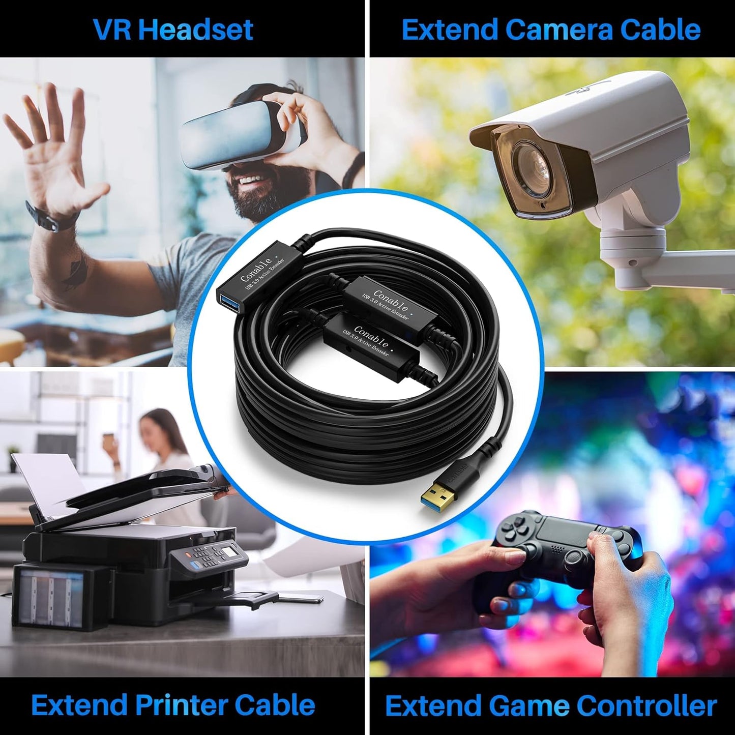USB 3.0 Active Extension Cable 75 Feet, Long USB Type-A Male to Female Extender Cord, Built-in 3 Signal Booster Smart Chips, 5Gbps Transfer, Black USB Extension Cable with an AC Power Adapter (5V 2A)