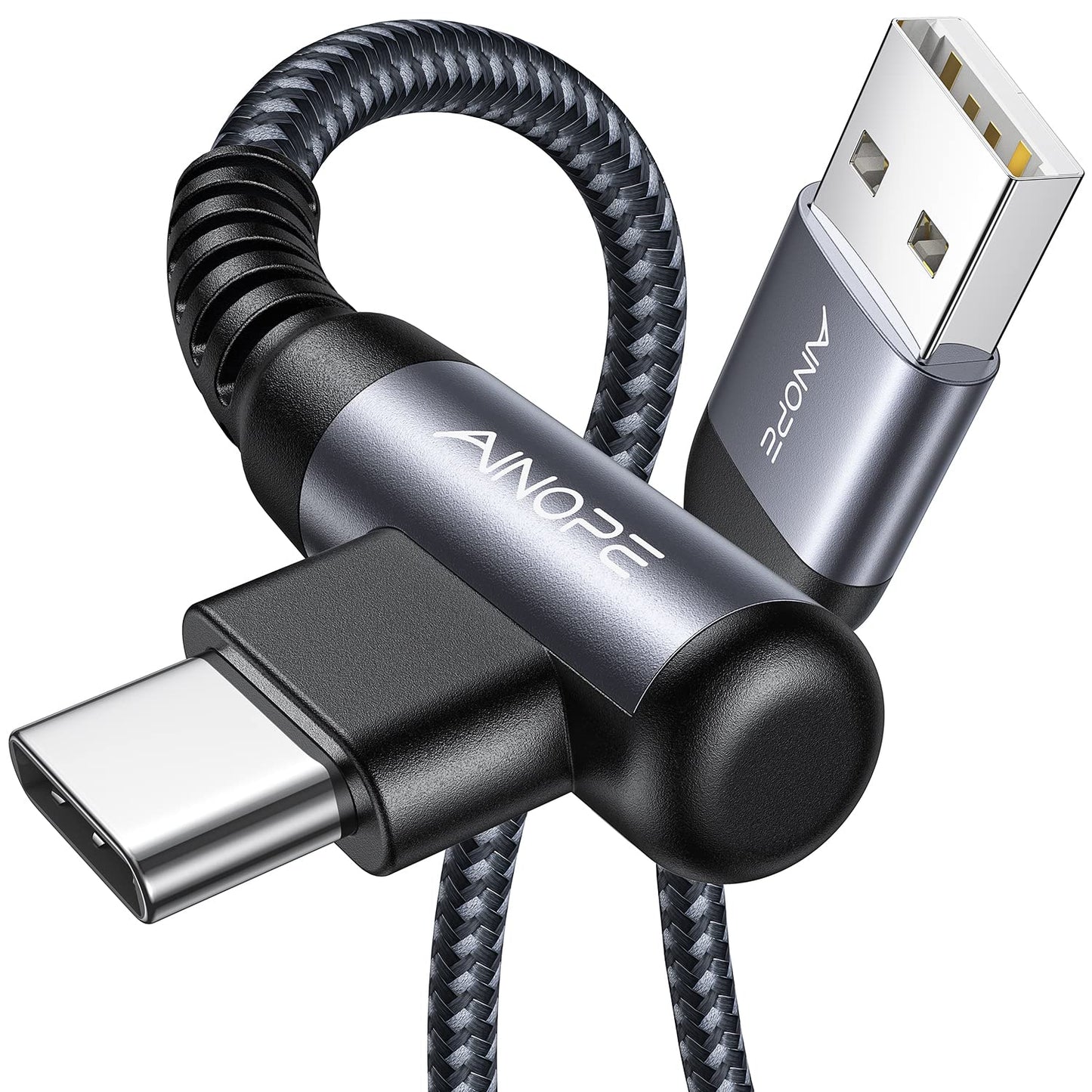 AINOPE USB to USB C Cable [2-Pack, 6.6ft] 3.1A Fast Charger Type C Right Angle, Resistant Nylon Braided C Type Charging Cable Compatible with Galaxy S10 S9 Plus S21, Note 10 9 LG, Type C Charger