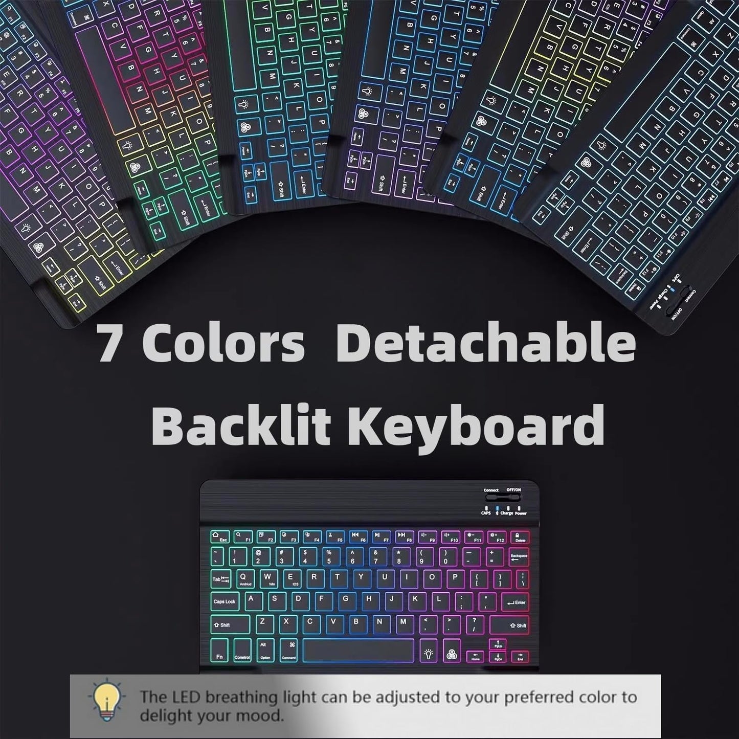 Keyboard Case for Galaxy Tab A8 10.5 Inch 2022, Slim Lightweight 7 Color Rainbow Backlight Detachable Magnetic Keyboard Cover with S Pen Holder,Black