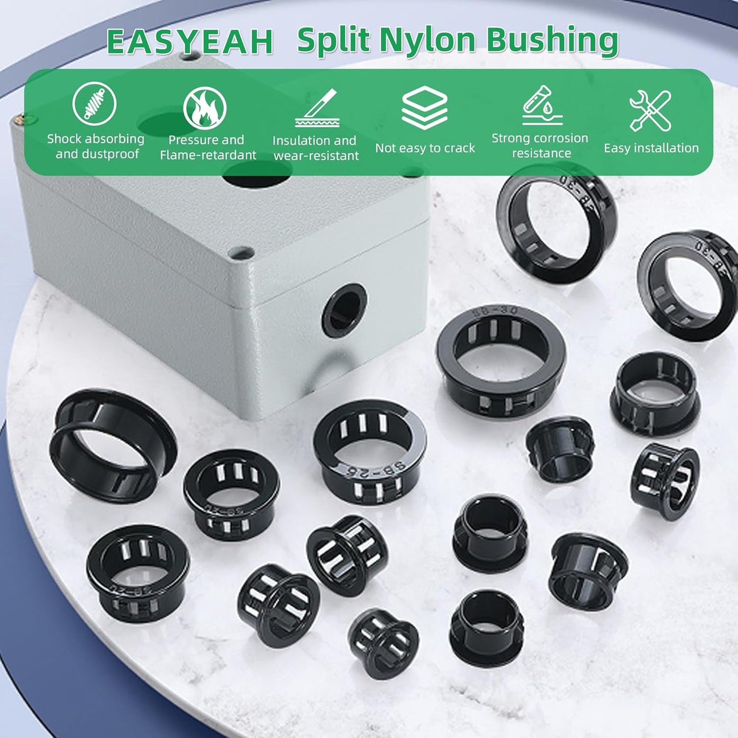 3/8"(11mm) Black Snap-in Knockout Insulating Bushing Grommets, Plastic Cable Hole Grommets for Wiring, Round Nylon Snap in Locking Electrical Wire Cord Hose & Tubing Bushings Grommets, 60pcs