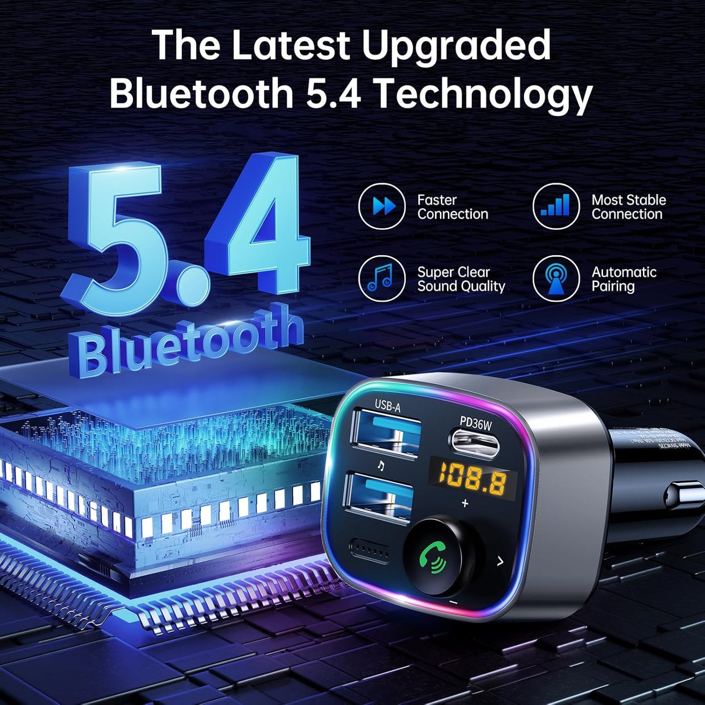 Syncwire Bluetooth 5.4 FM Transmitter Car Adapter 48W (PD 36W & 12W) [Light Switch] [Hi-Fi Deep Bass] [Fast Charge] Wireless Radio Music Adapter LED Display Hands-Free Calling Support USB Drive