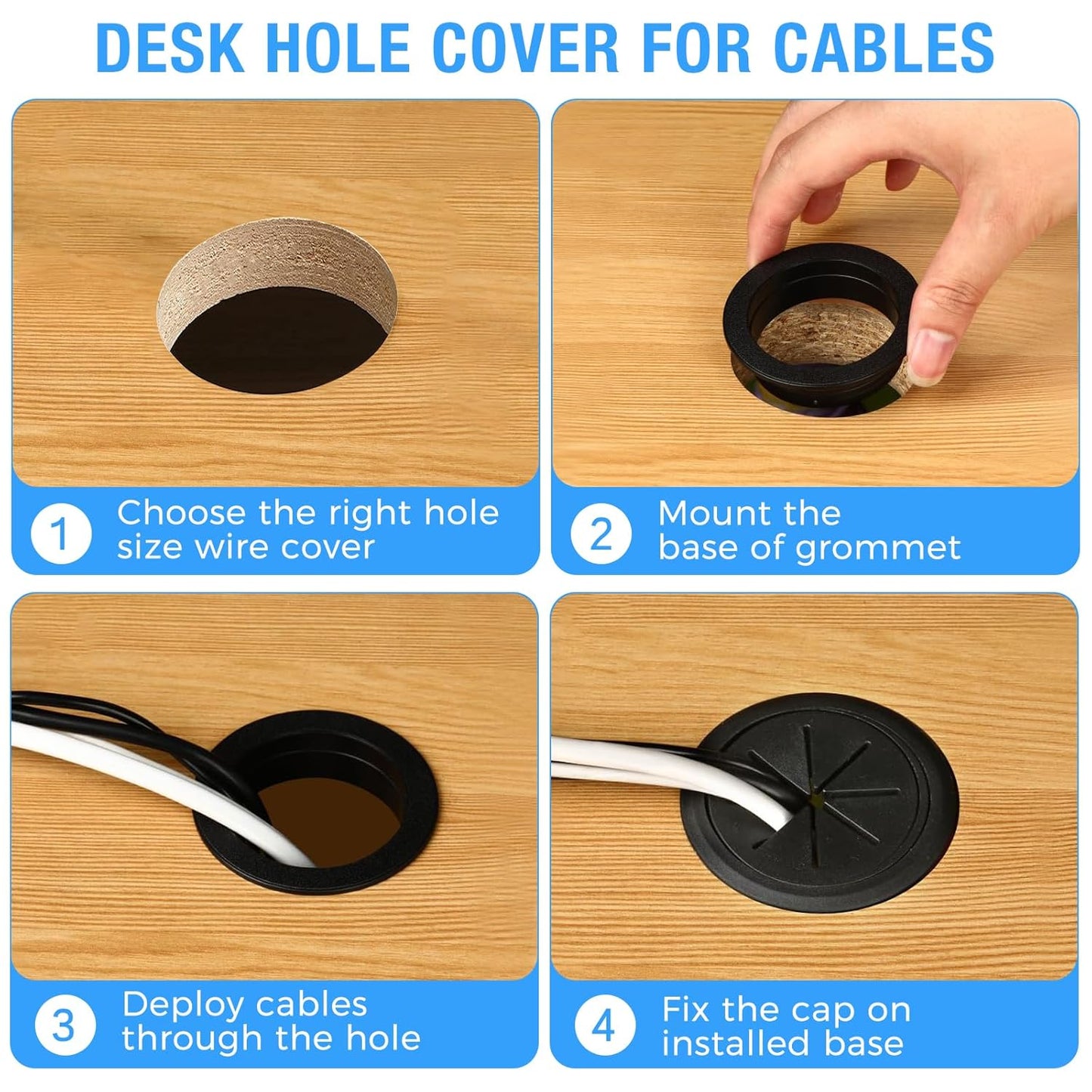 Desk Grommet 3-1/8" (80 mm), Desk Hole Cover for Cables White, Cable Grommet ABS Plastic, Desk Hole Grommet for Office and Home Table Cable, Detachable & Flexible Cable Cord Organizer-2 Pcs