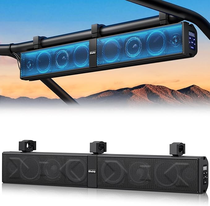 Ehaho 34" UTV Sound Bar with Subwoofer, 8-Speaker SXS SoundBar with Bluetooth and RGB Lighting, IP66 Waterproof ATV & Golf Cart Speakers, Compatible with Polaris RZR Can-Am, Fits 1"–2" Roll Cages