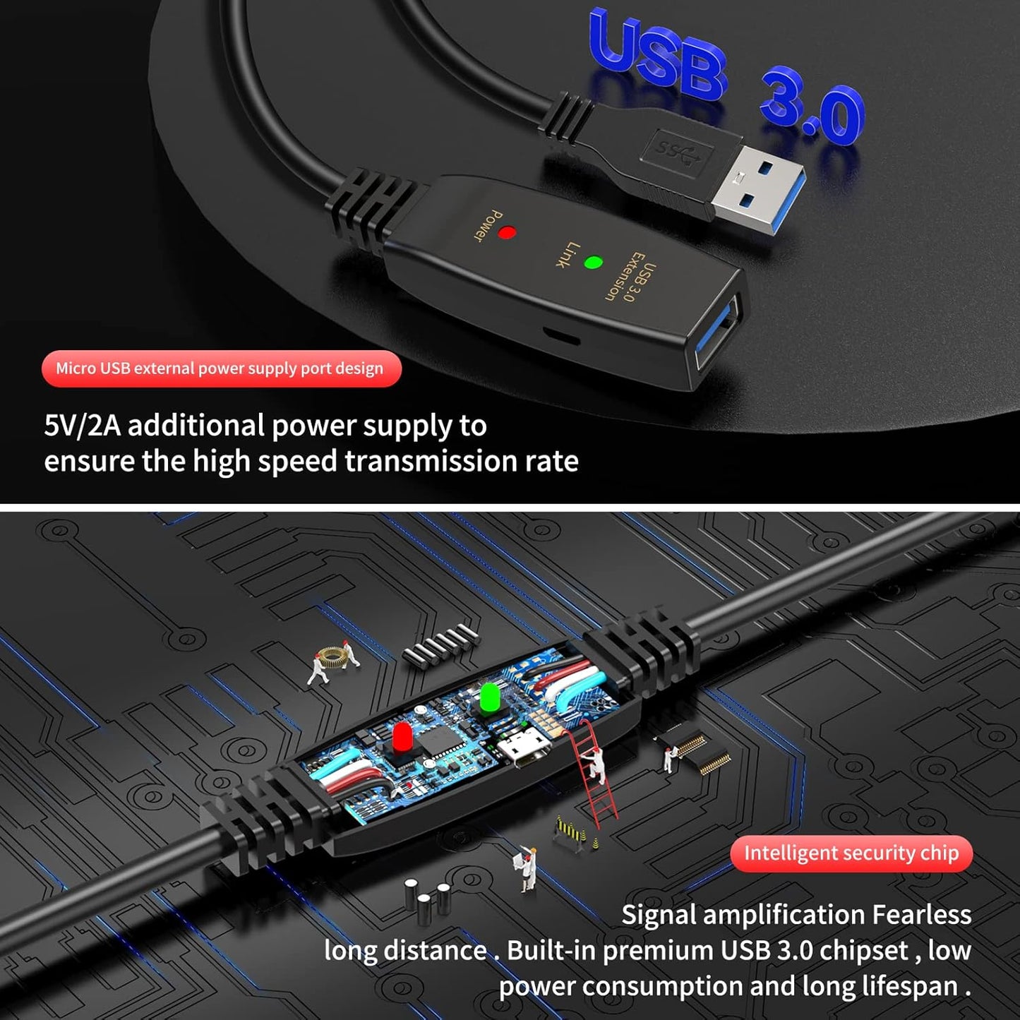LDKCOK Active USB 3.0 Extension Cable 30ft– Male to Female Extender Cord, USB Extension Cable for USB Flash Drive, Card Reader, Hard Drive, Keyboard, PlayStation, Xbox, VR, Printer, Camera, Laptop