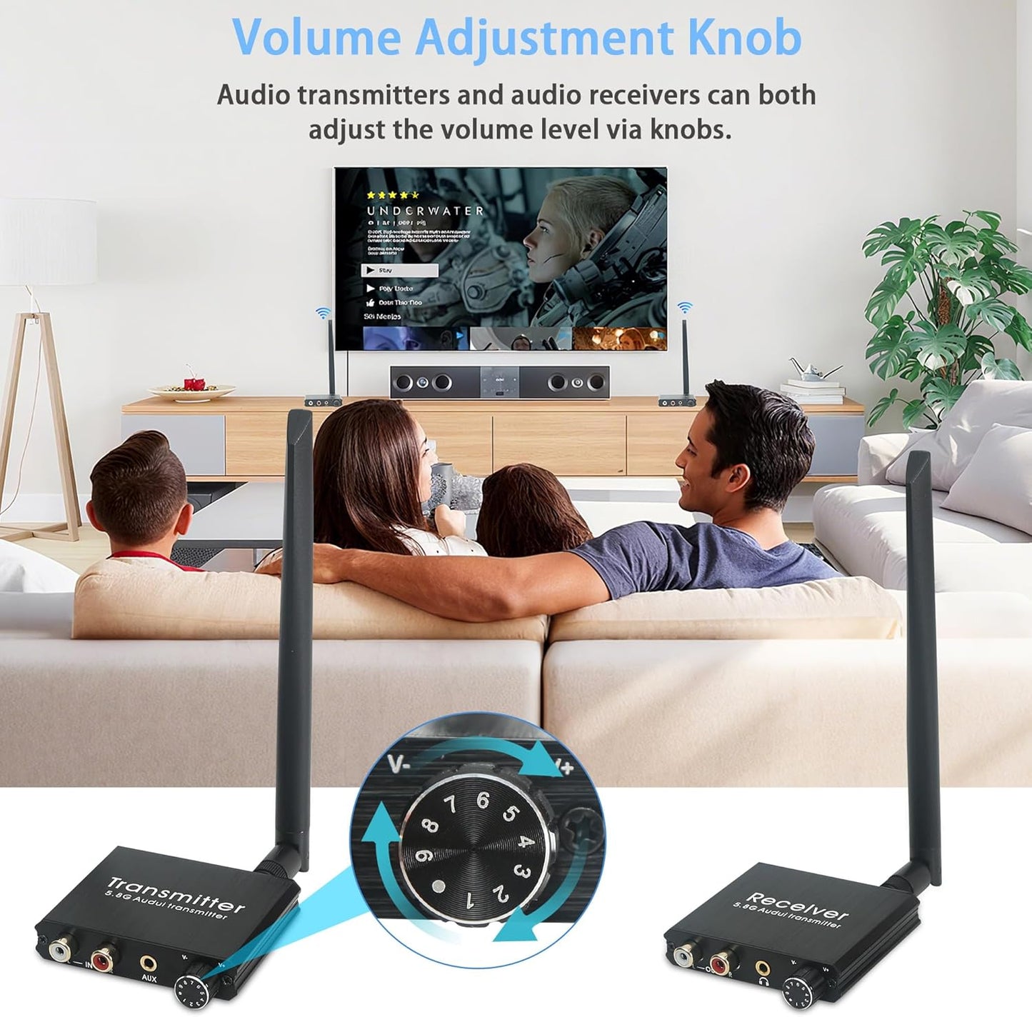 5.8GHz Wireless Audio Transmitter Receiver,164Ft/50M Long Range 18ms Low Latency, RCA / 3.5mm AUX Input/Output with Volume Adjustment Knob, Used for TV/PC/CD/Power Speaker/Soundbar/Headphones