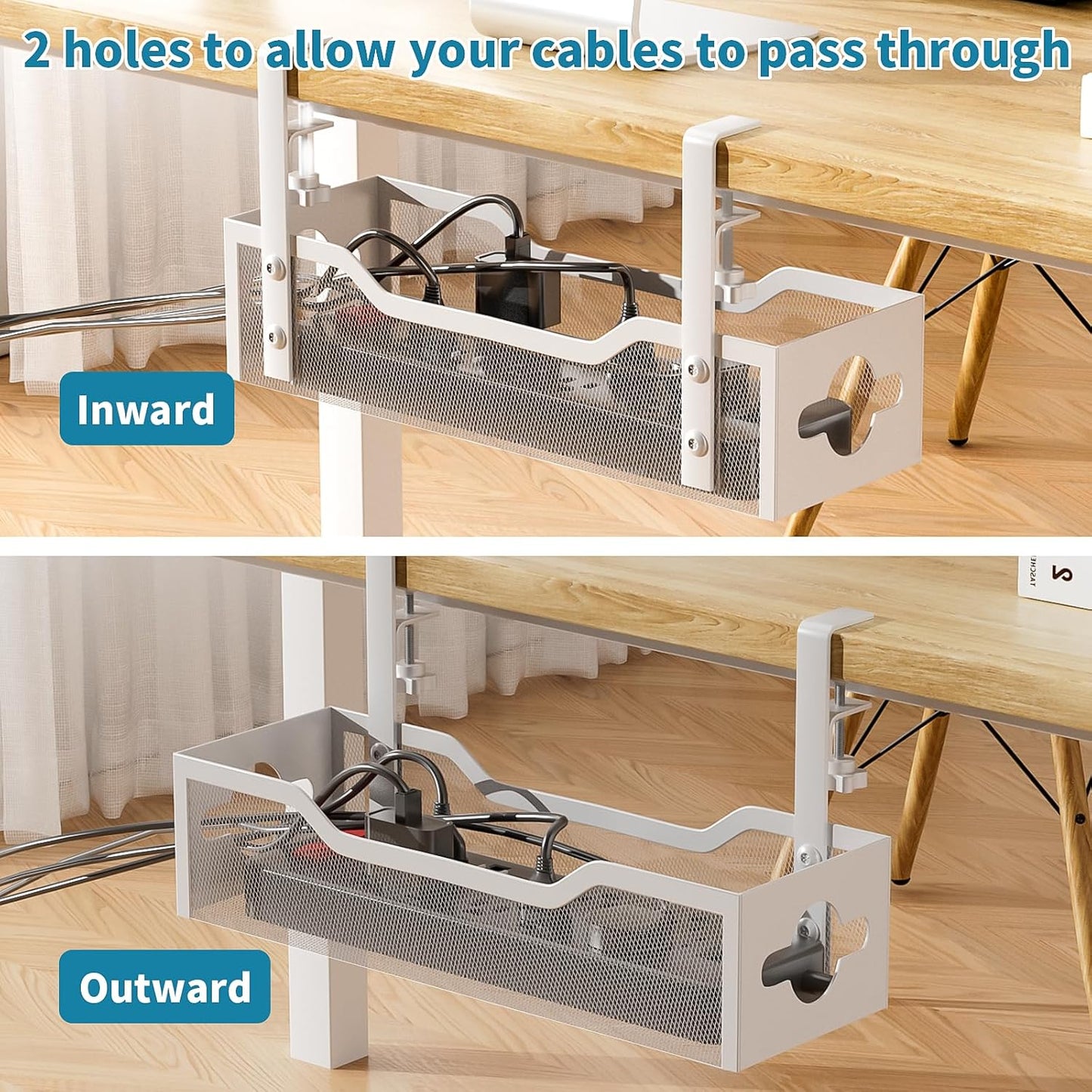 Under Desk Cable Management Tray 2 Pack, No Drill Cable Organizer With Clamp for Standing Desk, Easy to Install Cord Management System, No Damage Wire Organizer