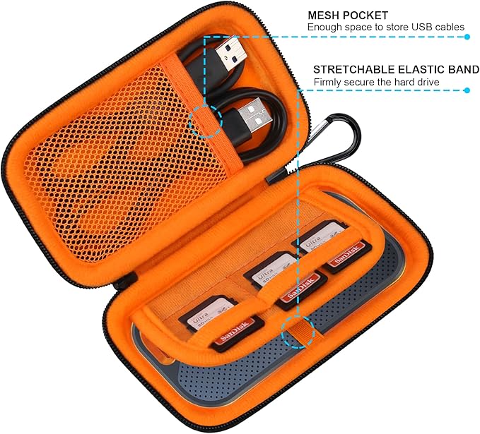 Lacdo Hard Carrying Case for SanDisk Extreme Pro/SanDisk Extreme Portable External SSD 500GB 1TB 2TB 4TB 8TB USB-C Solid State Drive EVA Shockproof Protective Storage Travel Bag, Black+Orange