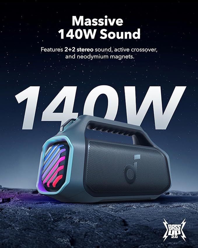soundcore Boom 2 Plus By Anker, Outdoor Speaker, 140W, 2+2 Channel, BassUp 2.0, 20H Playtime, Fast Charge, IPX7 Waterproof, RGB Lights, Power Bank, Bluetooth 5.3, Portable for Outdoors, Camping, Beach