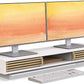 Dual Monitor Stand Riser with Sliding Door, Double Computer Laptop Stand Desk Shelf Organizer with Storage (White + Natural Bamboo, 38 Inch)