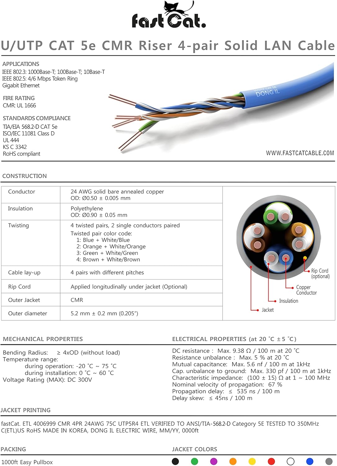 fast Cat. Cat5e Ethernet Cable 1000ft - 24 AWG, CMR, Insulated Bare Copper Wire Cat 5 ethernet Cable with FastReel - 350MHZ / Gigabit Speed UTP Cable Cat5e - CMR (Purple)