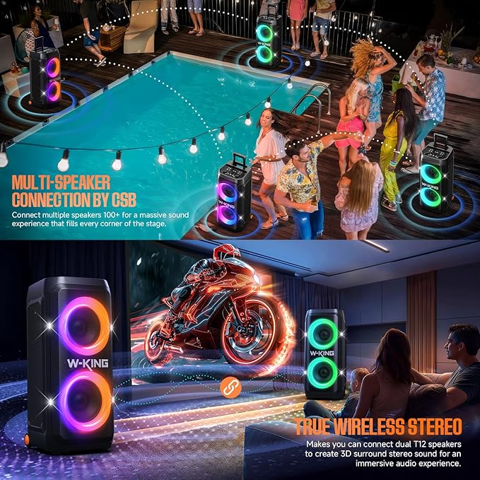 W-KING Portable Speaker Bluetooth Partybox, 370W MAX Pro Sound Loud, Deepest Bass,Large Outdoor Boom Box Wireless, CSB, Telescopic Handle&Sturdy Wheels, 25H, Futuristic Light,MIC&Guitar in