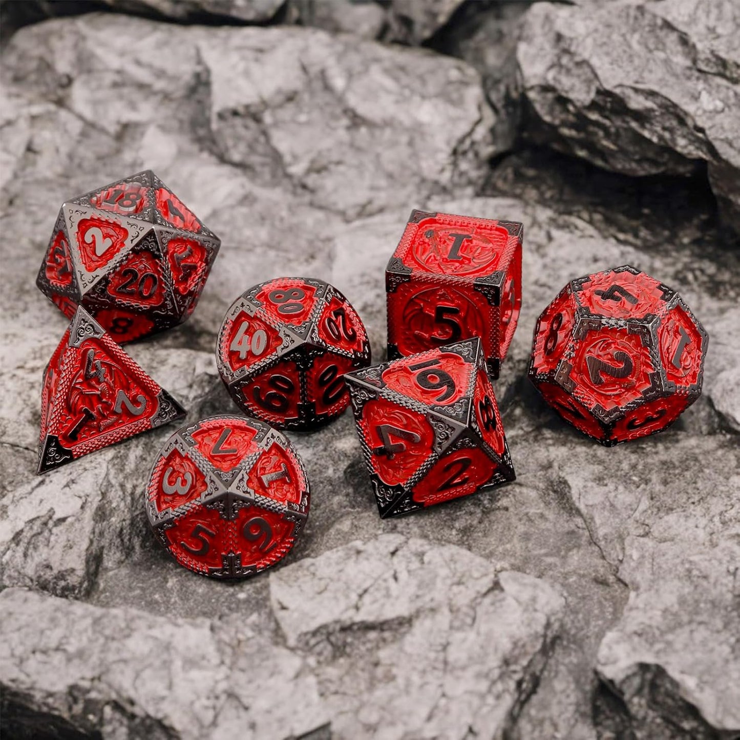 PJOY Metal DND Dice Set D&D Dragon Dice Black Red with Metal Case D and D Dice for Dungeons and Dragons TTRPG Gifts
