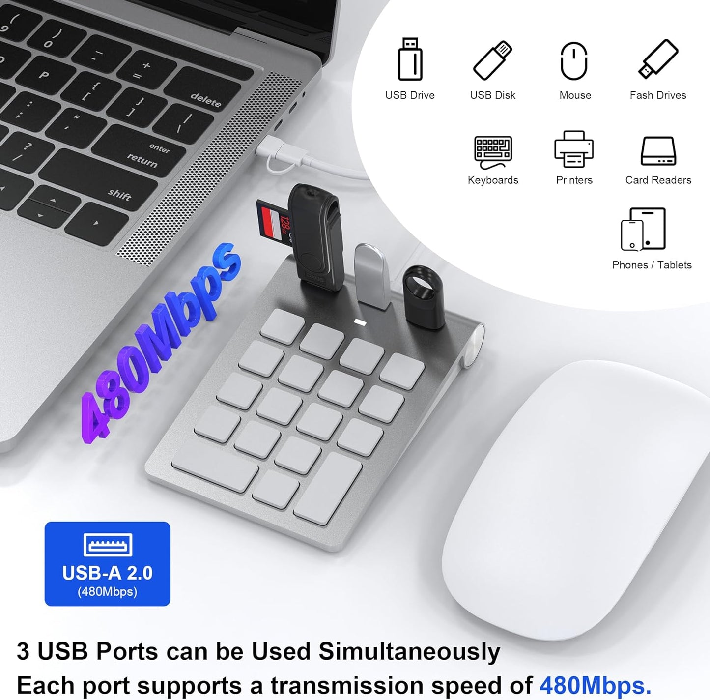 Wired USB C/A Number Pad - Numeric Keypad & Hub with 3 USB2.0 Ports - Portable Slim 18 Key Number Keypad Keyboard for Laptop PC Pad Surface MacBook, Wired Numeric Keypad with Type C & USB Cable 1.6Ft