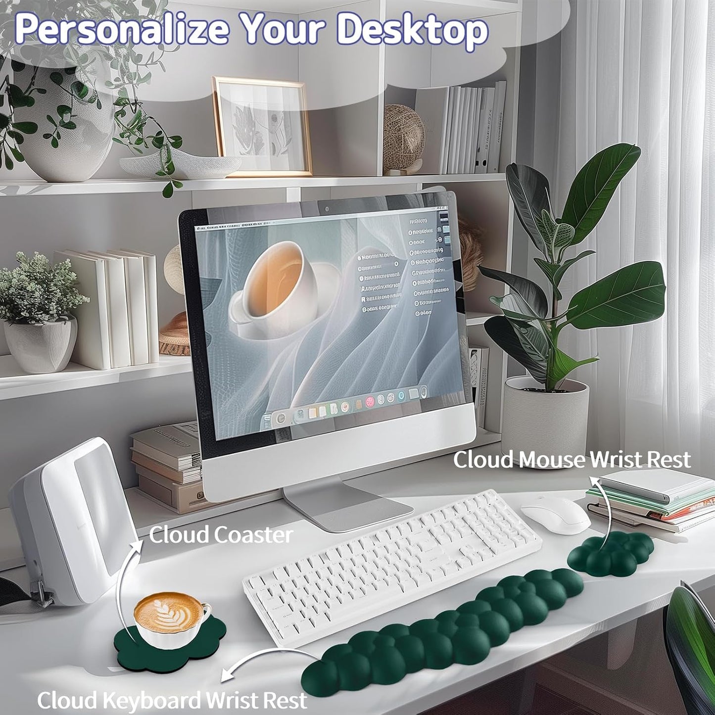 Cloud Wrist Rest for Keyboard and Mouse, Memory Foam PU Leather Keyboard Wrist Rest with Ergonomic Support, Non-Slip Base, Cute Arm Rest Pad & Palm Cushion, Office Desk Accessory, Dark Green