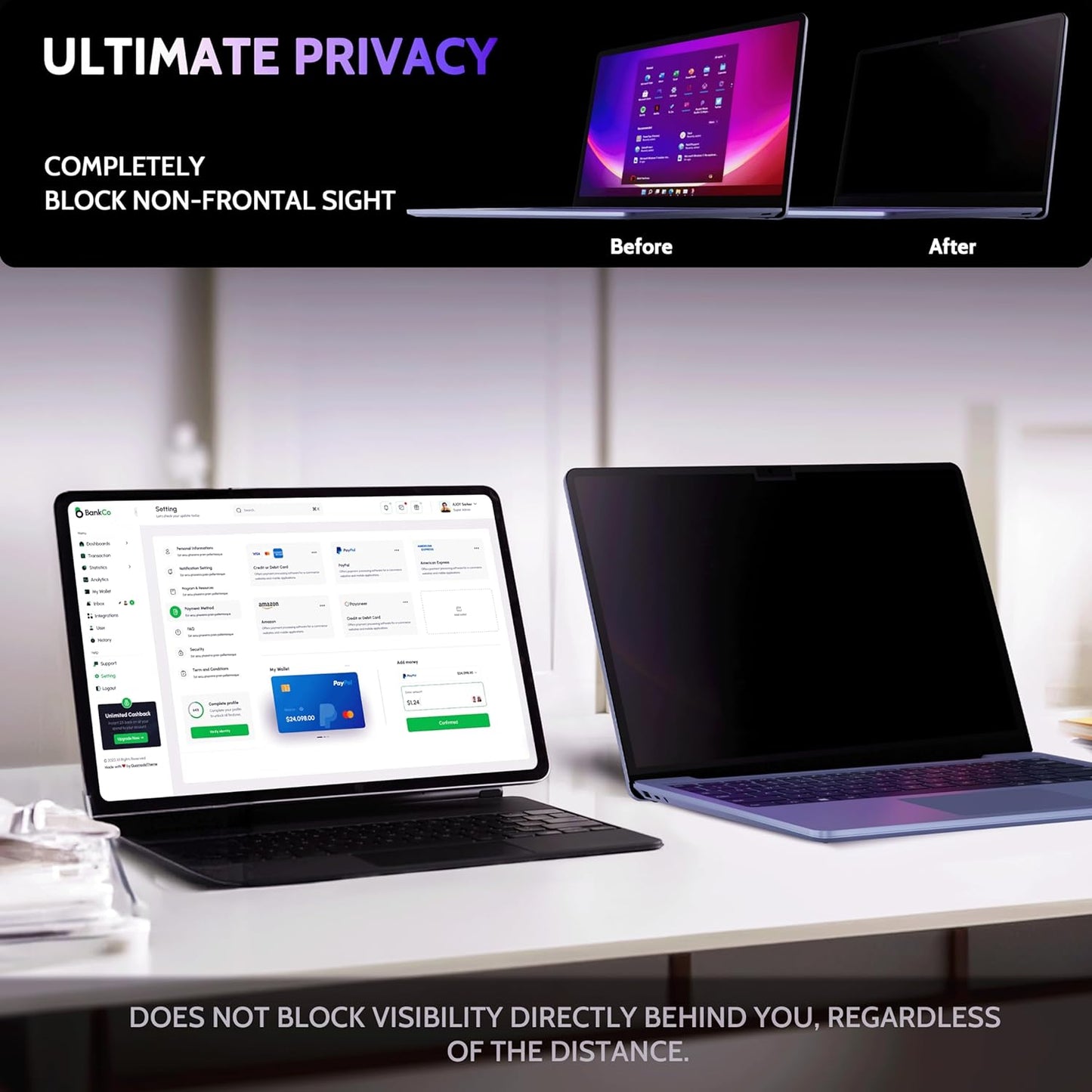 Privacy Screen for 12.4 Inch Surface Laptop Go 3/2/1, MagicSuction™ Removable Anti Spy Black Protector, Glare Blue Light Filter for Microsoft Laptop Computer Monitor