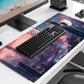 Digital Anime City Night View Office Art Desk Mat, Female Aesthetic Style Oversized Stitched Edge Laptop Keyboard Desk Mat 35.4 x 15.7 x 0.12 Inches