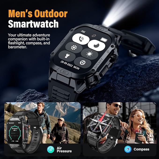 Military Smart Watch for Men, 2.02" Outdoor Sport Smartwatch with Flashlight, Heart Rate Blood Oxygen Blood Pressure Sleep, 100+ Sport Modes Fitness Tracker Compatible Android and iOS Black