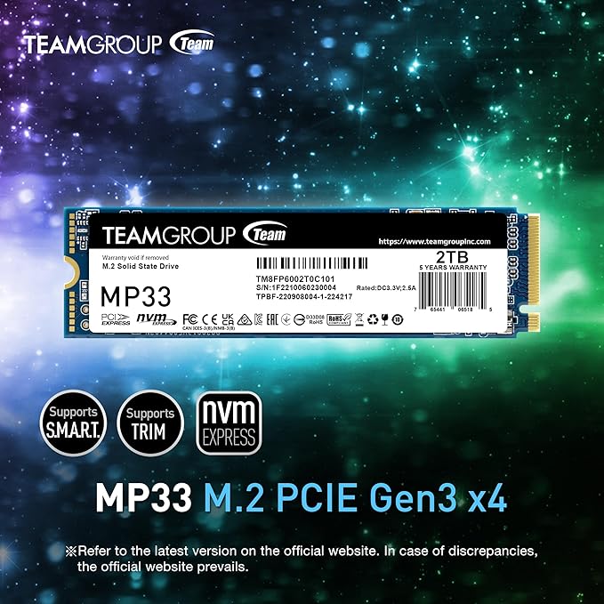 TEAMGROUP MP33 2TB SLC Cache 3D NAND TLC NVMe 1.3 PCIe Gen3x4 M.2 2280 Internal Solid State Drive SSD (Read/Write Speed up to 1,800/1,500 MB/s) Compatible with Laptop & PC Desktop TM8FP6002T0C101