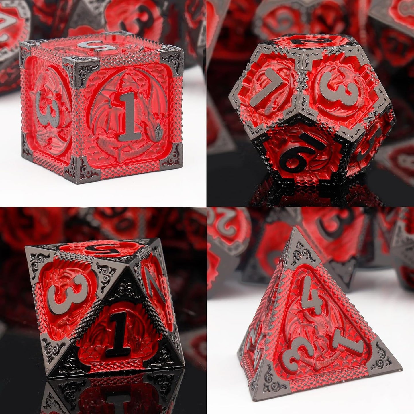 PJOY Metal DND Dice Set D&D Dragon Dice Black Red with Metal Case D and D Dice for Dungeons and Dragons TTRPG Gifts