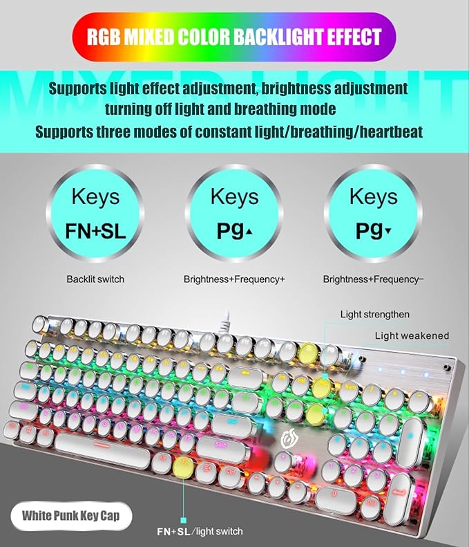 Typewriter Style Mechanical Gaming Keyboard LED Backlit Wired with Blue Switch Retro Round Keycap 104 Keys Keyboard (White 104 Keys LED)