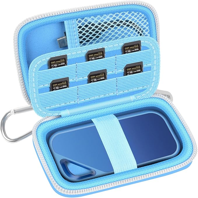 PAIYULE SSD Case for SanDisk Extreme Portable SSD & Extreme PRO, Hard Shell Protective Storage Bag with Carabiner, Fits 1TB 2TB 4TB 8TB External Solid State Drive for Business Travel (Lightblue)